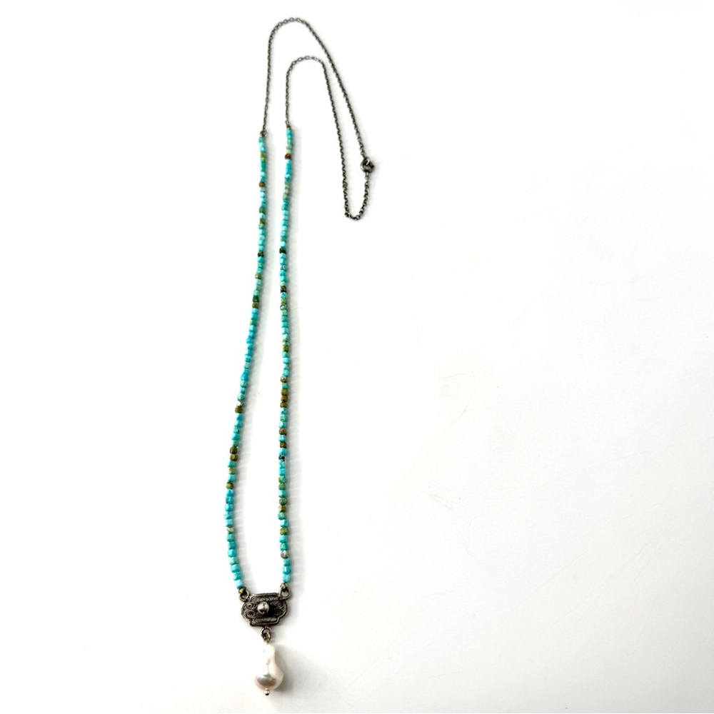 Long Turquoise Necklace, Baroque Pearl Pendant, Vintage Sterling Silver Filagree